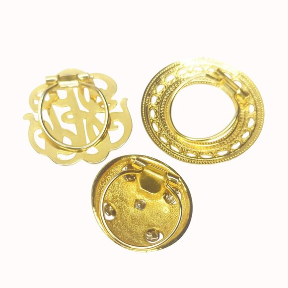 Vintage Gold-Tone Scarf Clips Set Of 3 With Ornate Monogram Designs - Picture 4 of 4